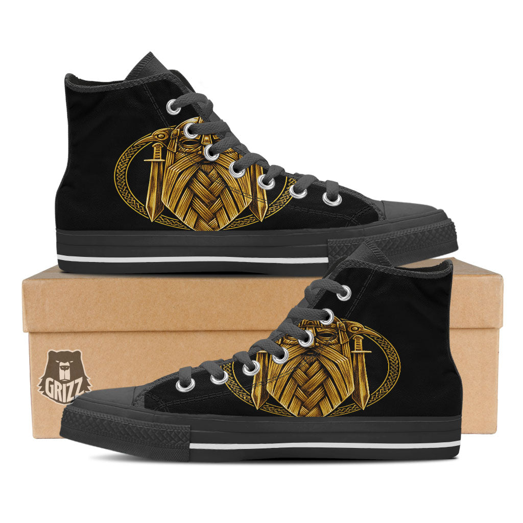 Norse God Odin Gold Viking Print Black High Top Shoes-grizzshop