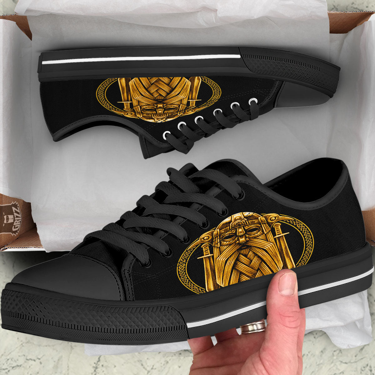 Norse God Odin Gold Viking Print Black Low Top Shoes-grizzshop
