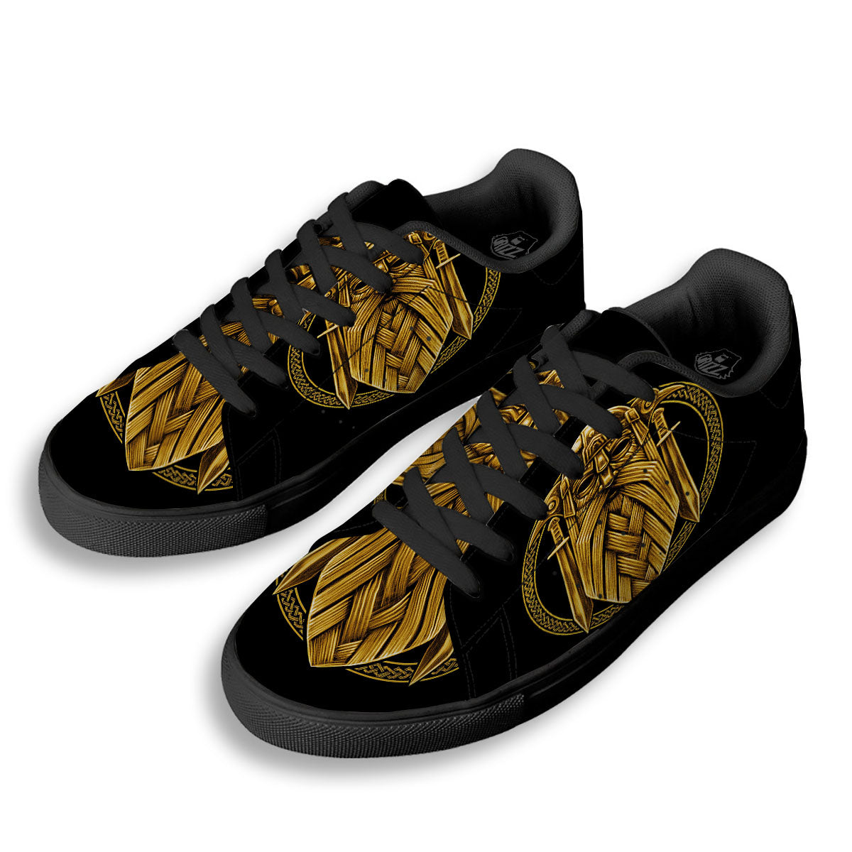 Norse God Odin Gold Viking Print Black Low Top Sneakers-grizzshop