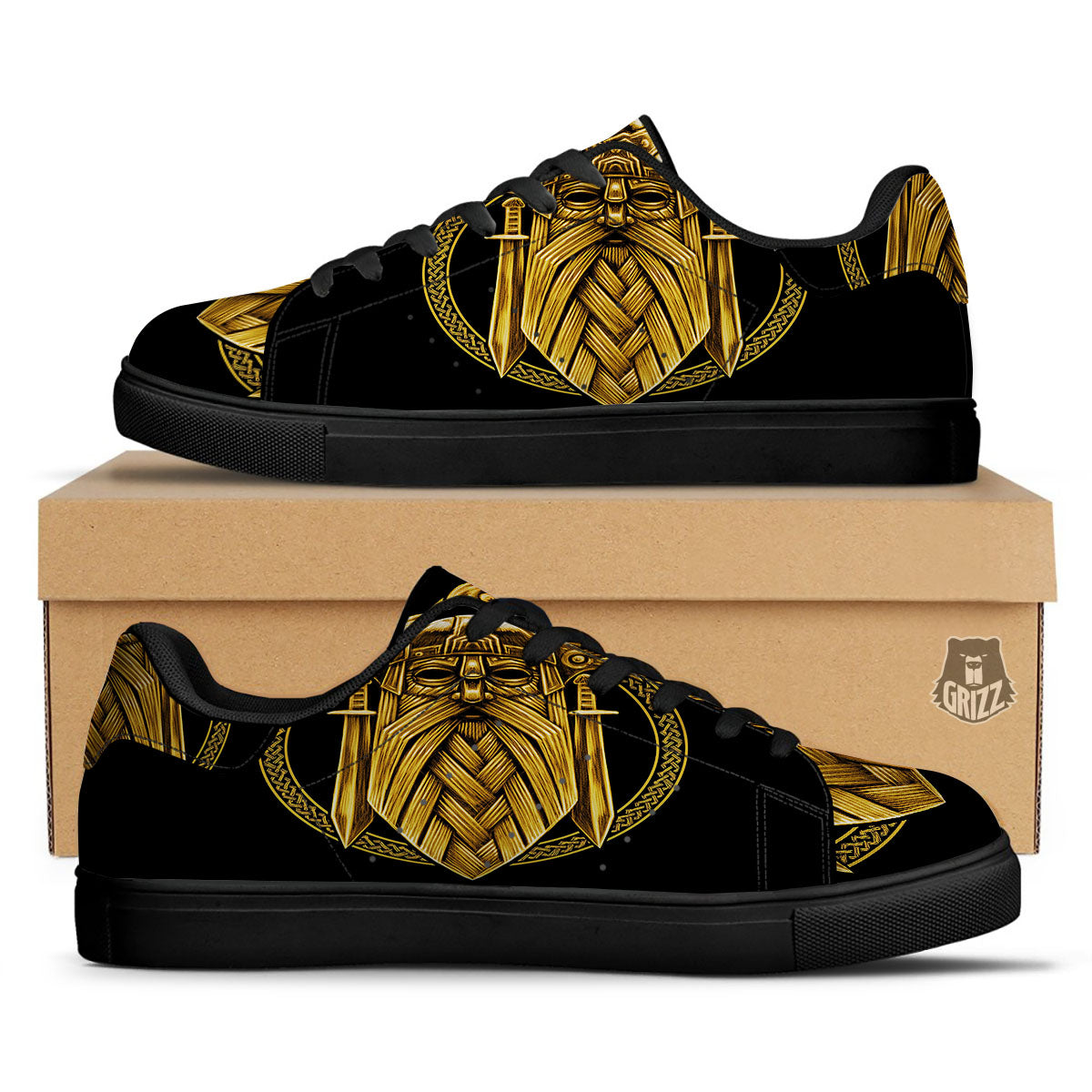 Norse God Odin Gold Viking Print Black Low Top Sneakers-grizzshop