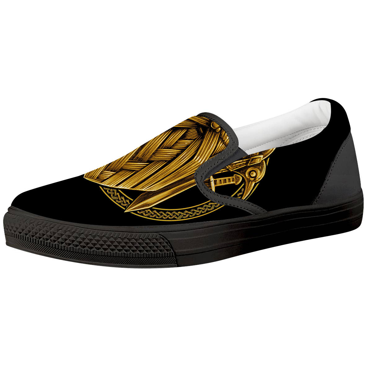 Norse God Odin Gold Viking Print Black Slip On Shoes-grizzshop