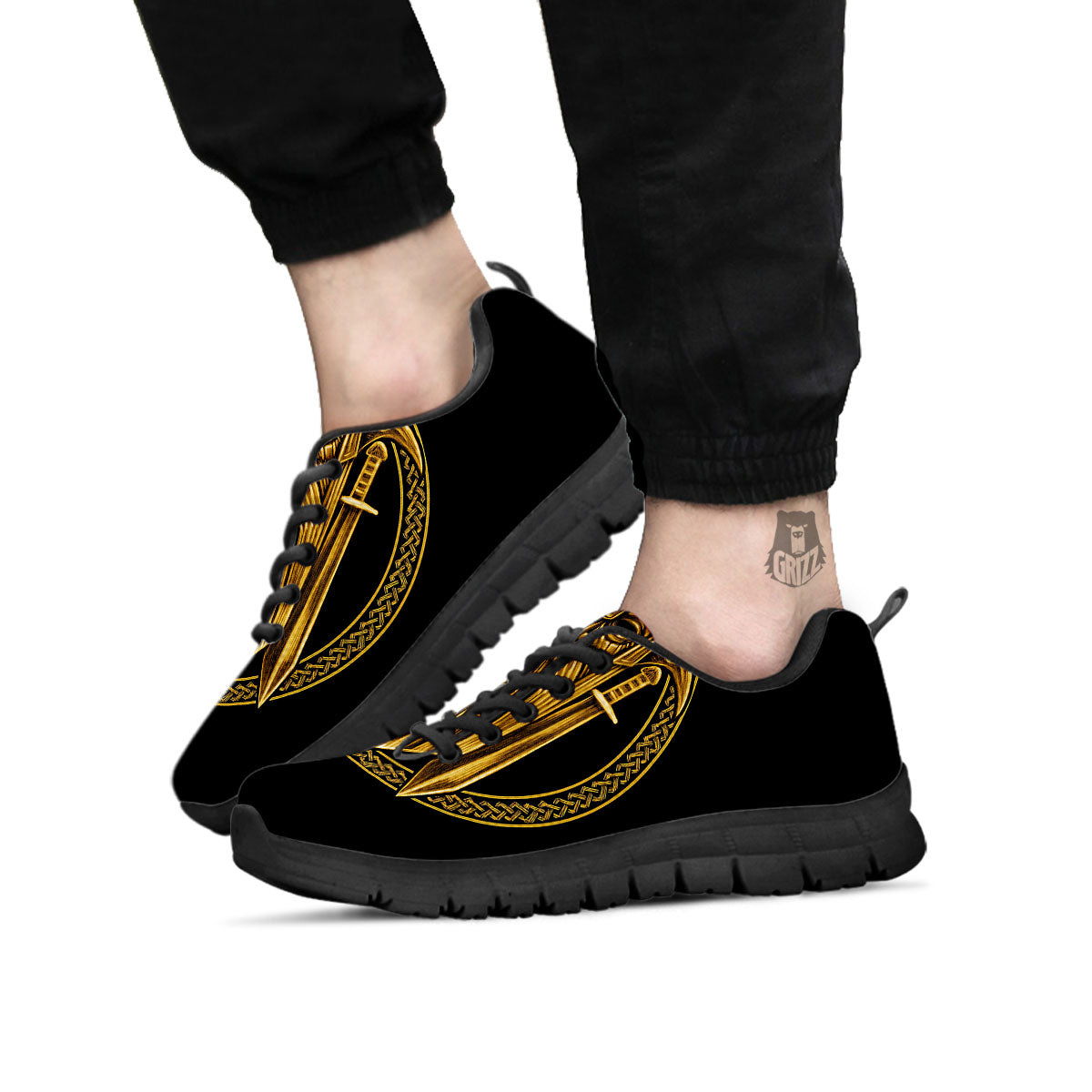 Norse God Odin Gold Viking Print Black Sneaker-grizzshop