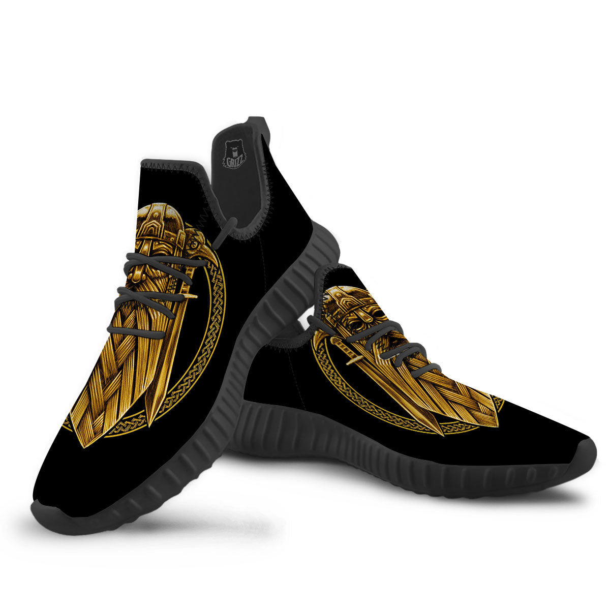 Norse God Odin Gold Viking Print Black Walking Shoes-grizzshop