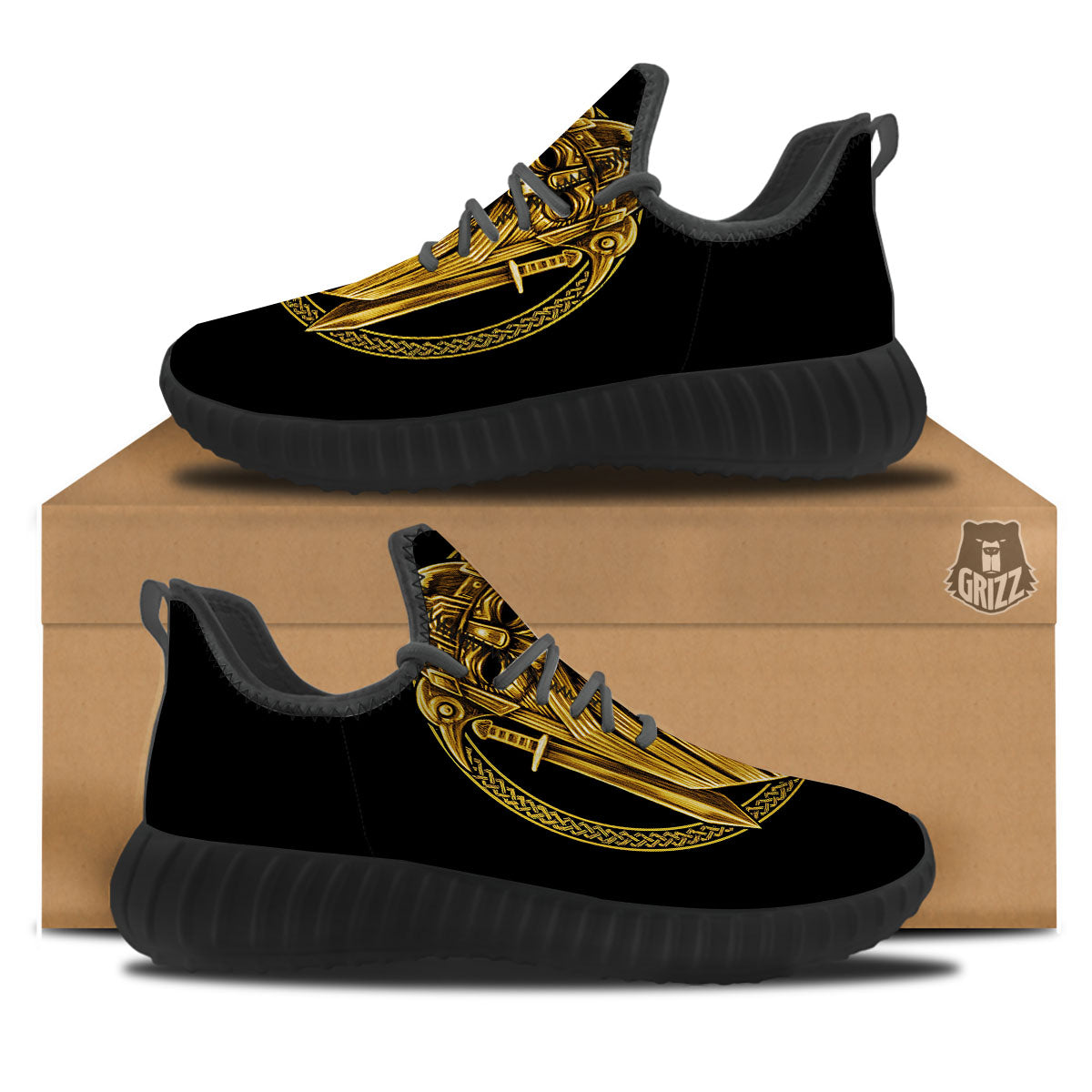 Norse God Odin Gold Viking Print Black Walking Shoes-grizzshop
