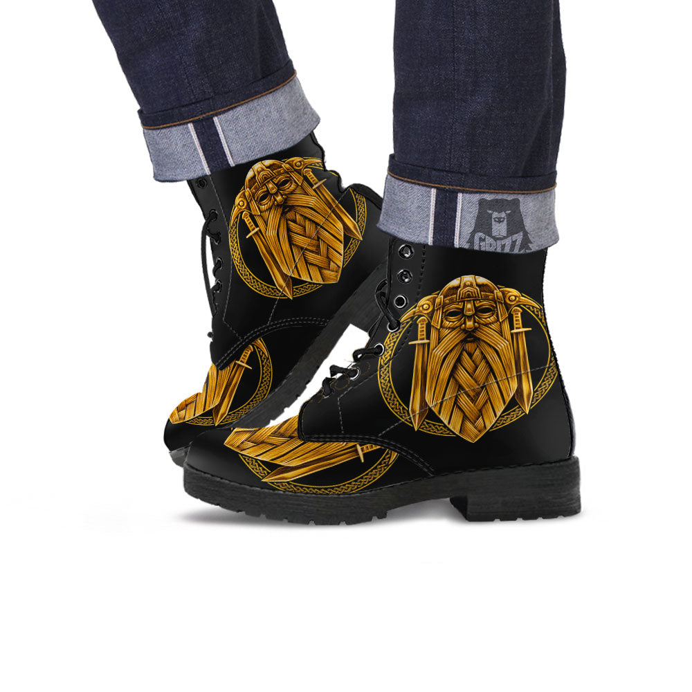 Norse God Odin Gold Viking Print Leather Boots-grizzshop