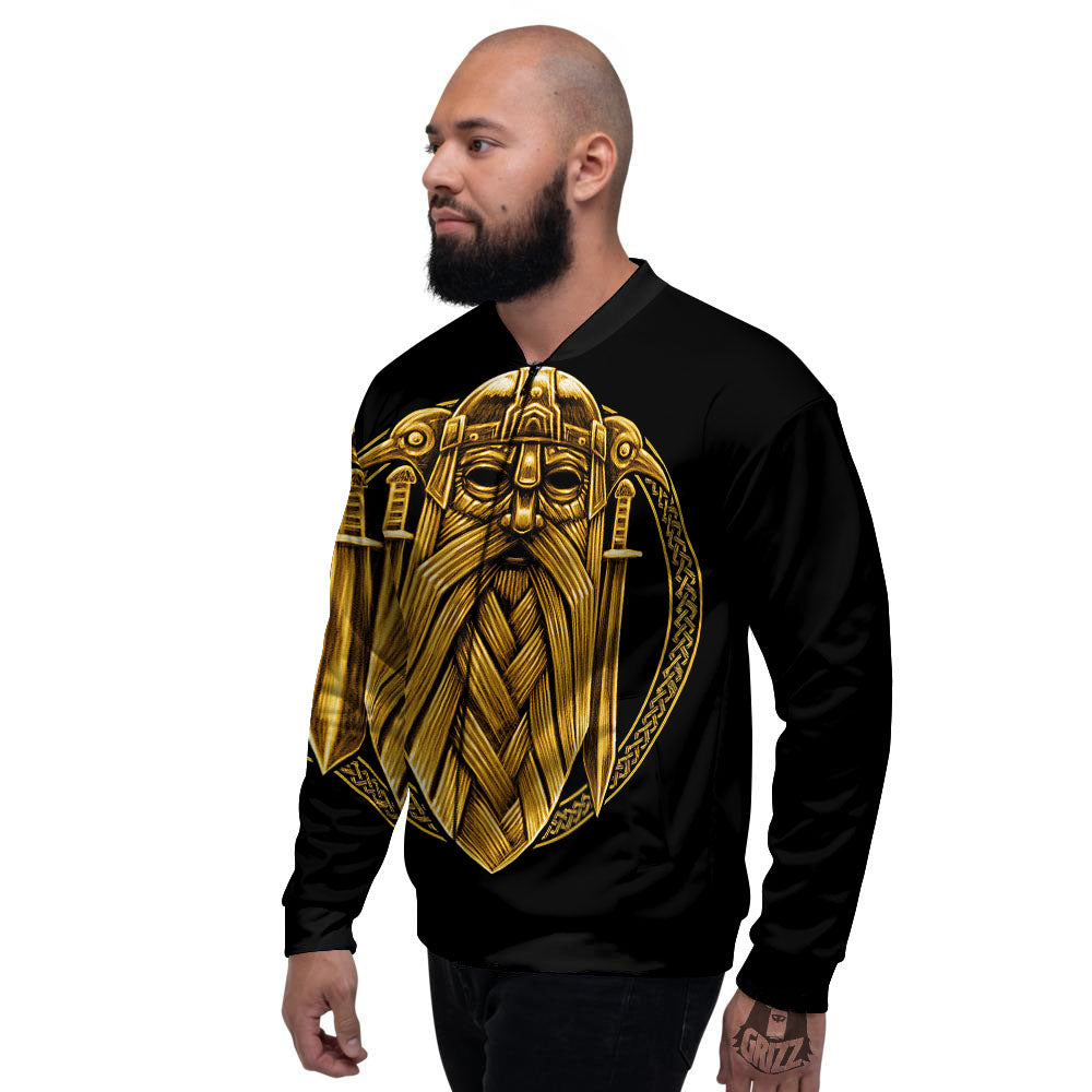 Norse God Odin Gold Viking Print Men's Bomber Jacket-grizzshop