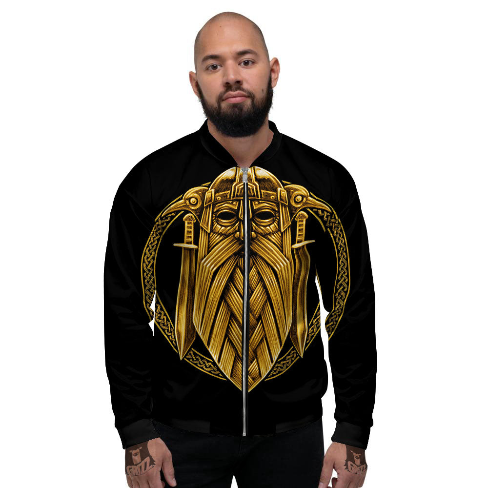 Norse God Odin Gold Viking Print Men's Bomber Jacket-grizzshop