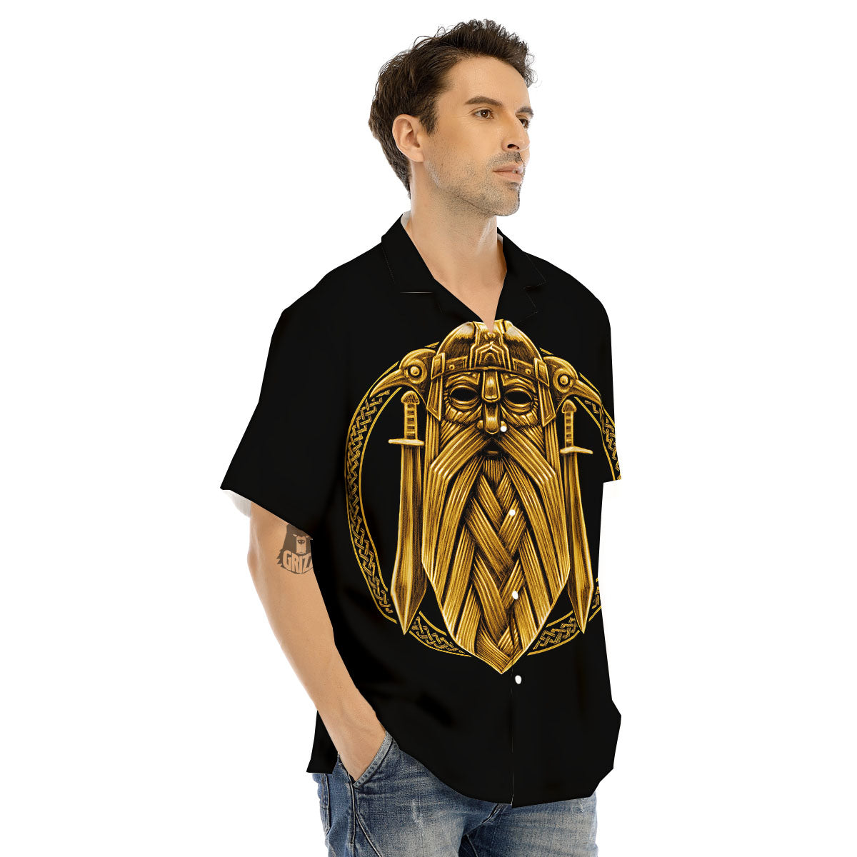 Norse God Odin Gold Viking Print Men's Hawaiian Shirt-grizzshop