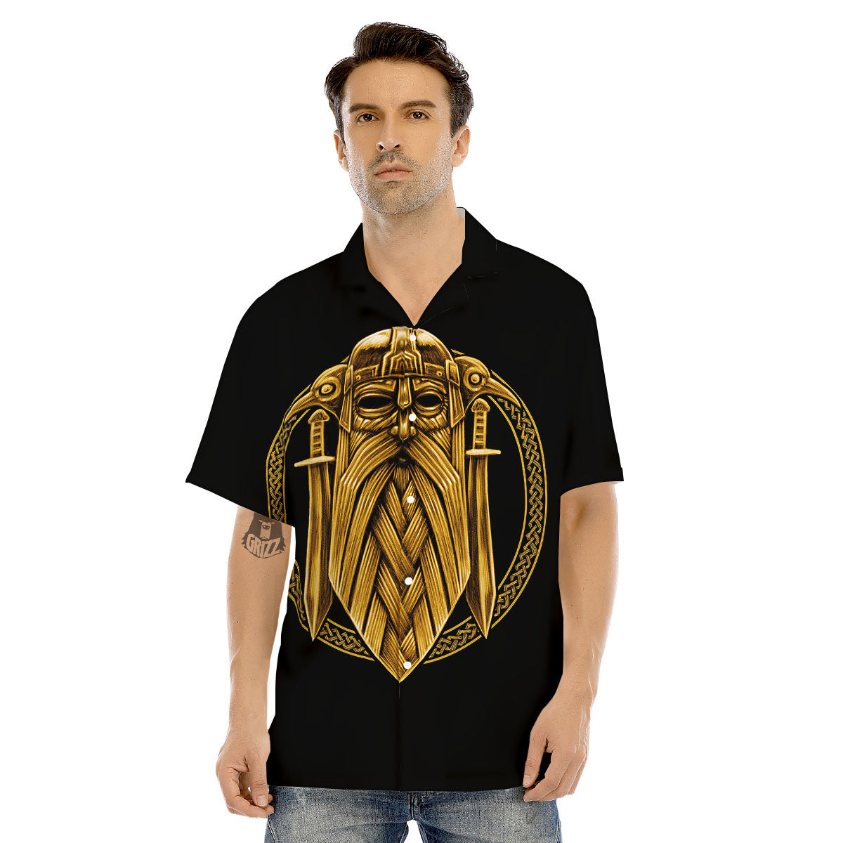 Norse God Odin Gold Viking Print Men's Hawaiian Shirt-grizzshop