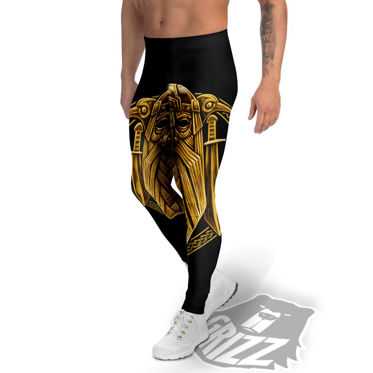 Norse God Odin Gold Viking Print Men's Leggings-grizzshop