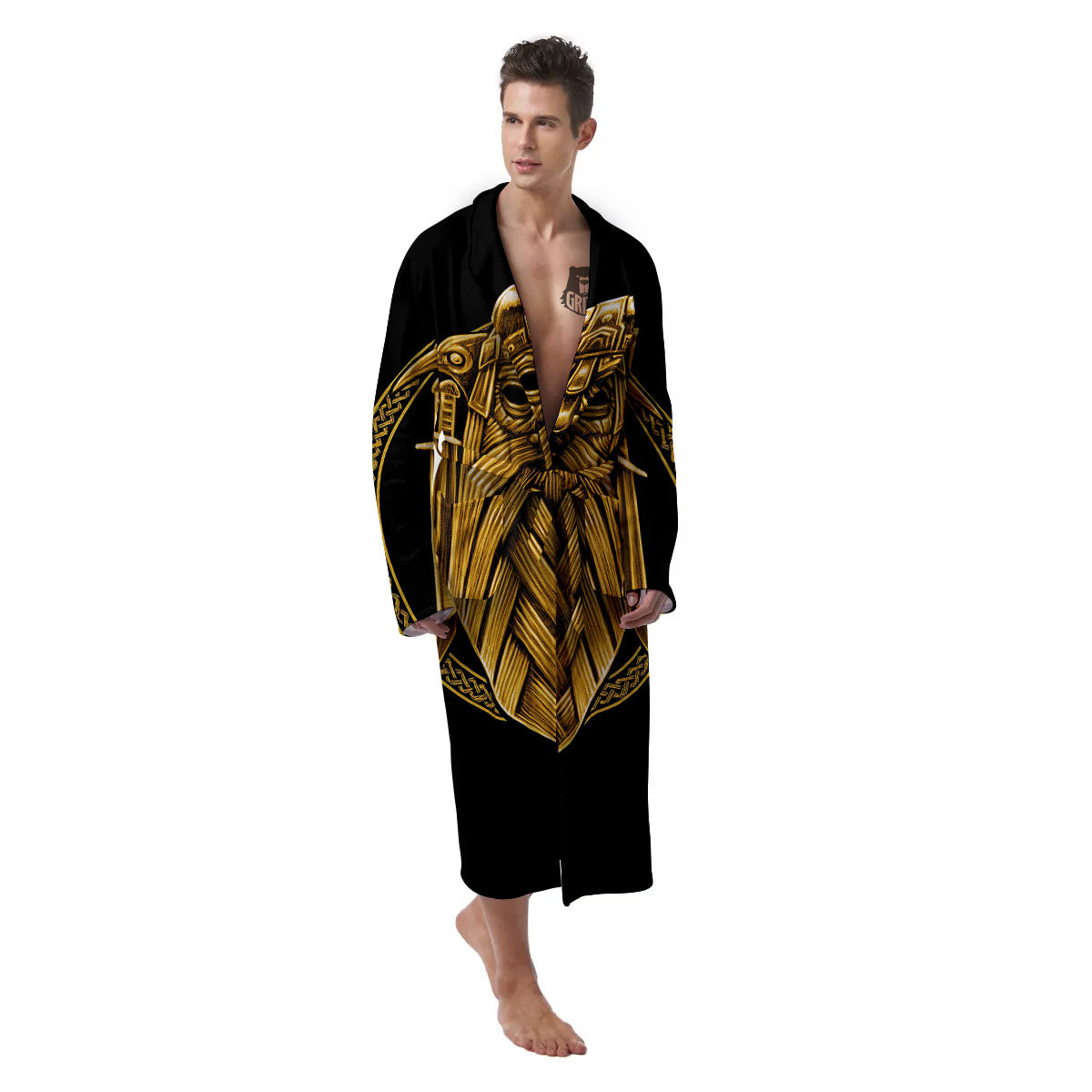 Norse God Odin Gold Viking Print Men's Robe-grizzshop