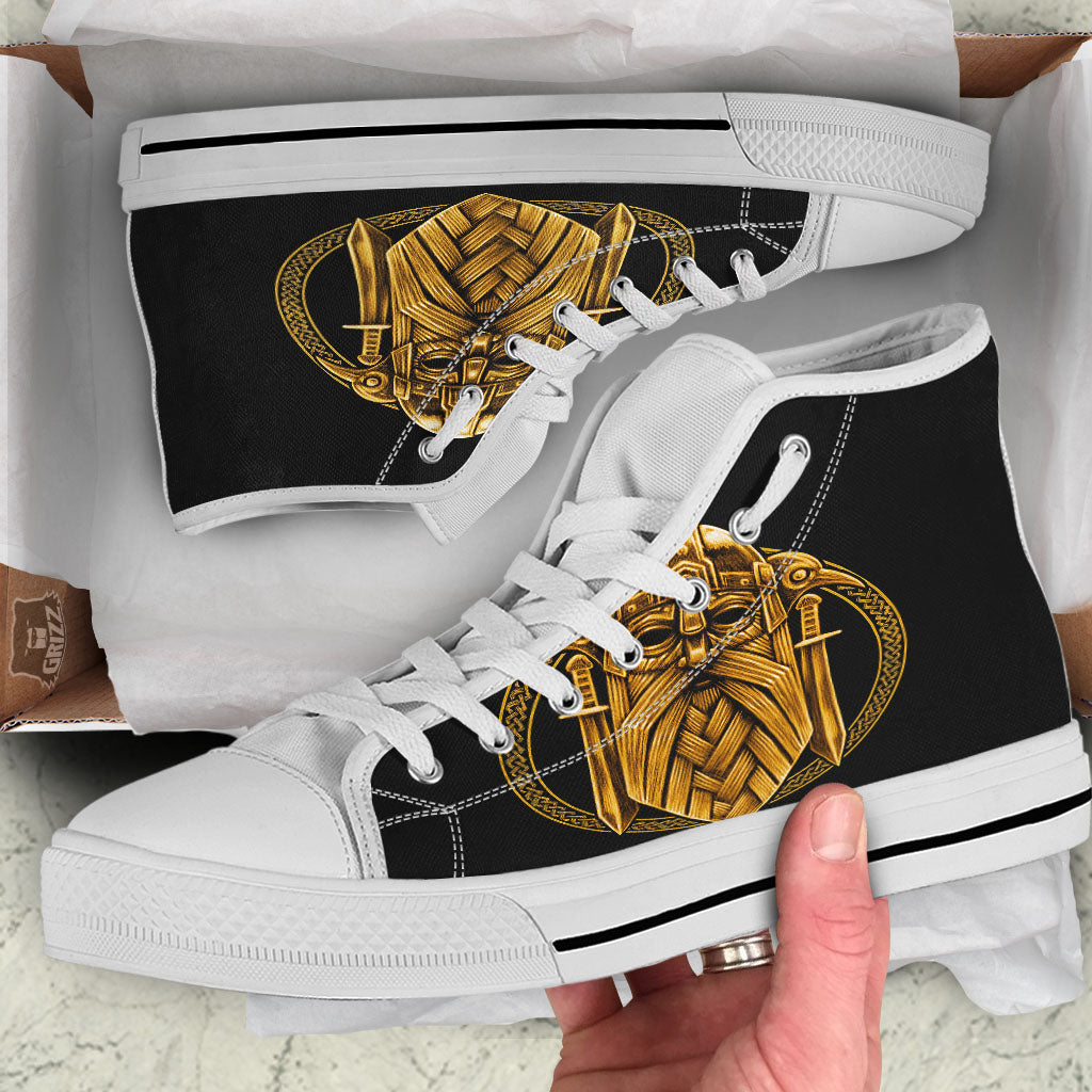 Norse God Odin Gold Viking Print White High Top Shoes-grizzshop