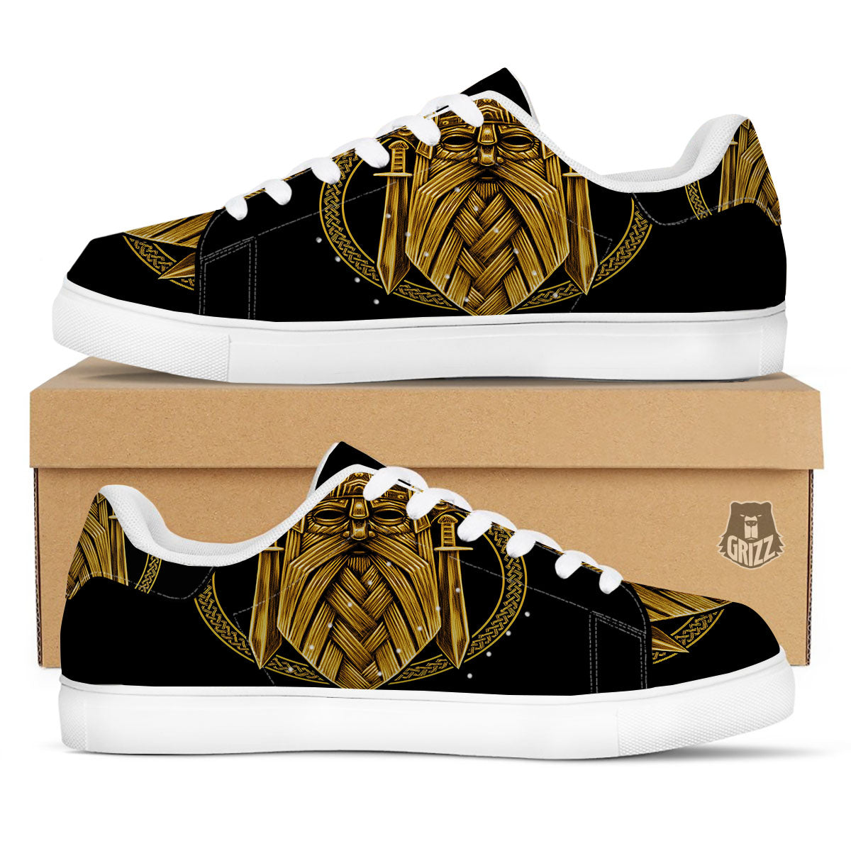 Norse God Odin Gold Viking Print White Low Top Sneakers-grizzshop