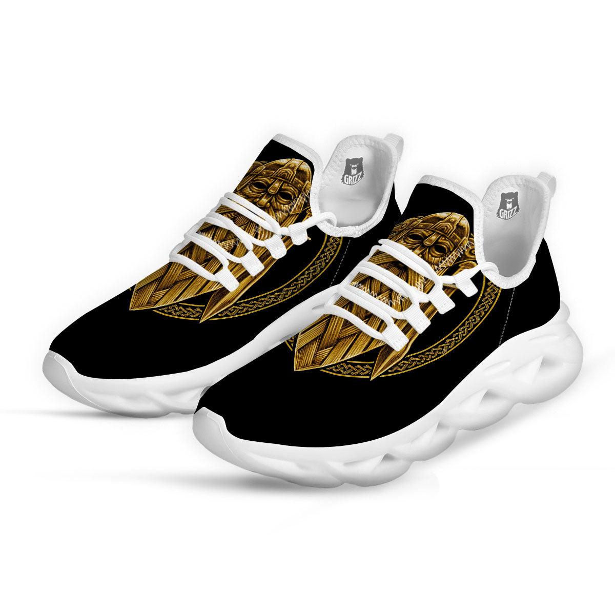 Norse God Odin Gold Viking Print White Running Shoes-grizzshop