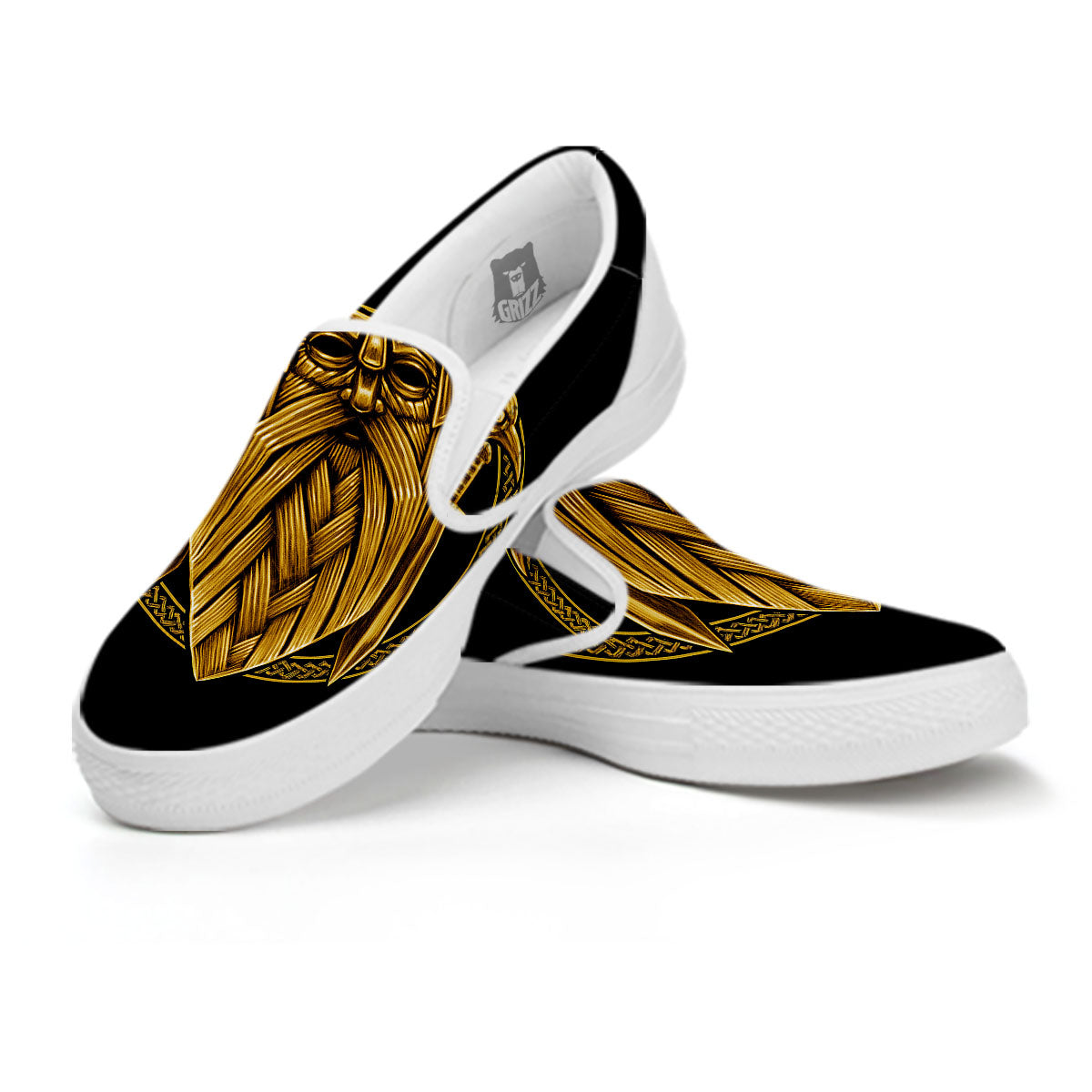 Norse God Odin Gold Viking Print White Slip On Shoes-grizzshop