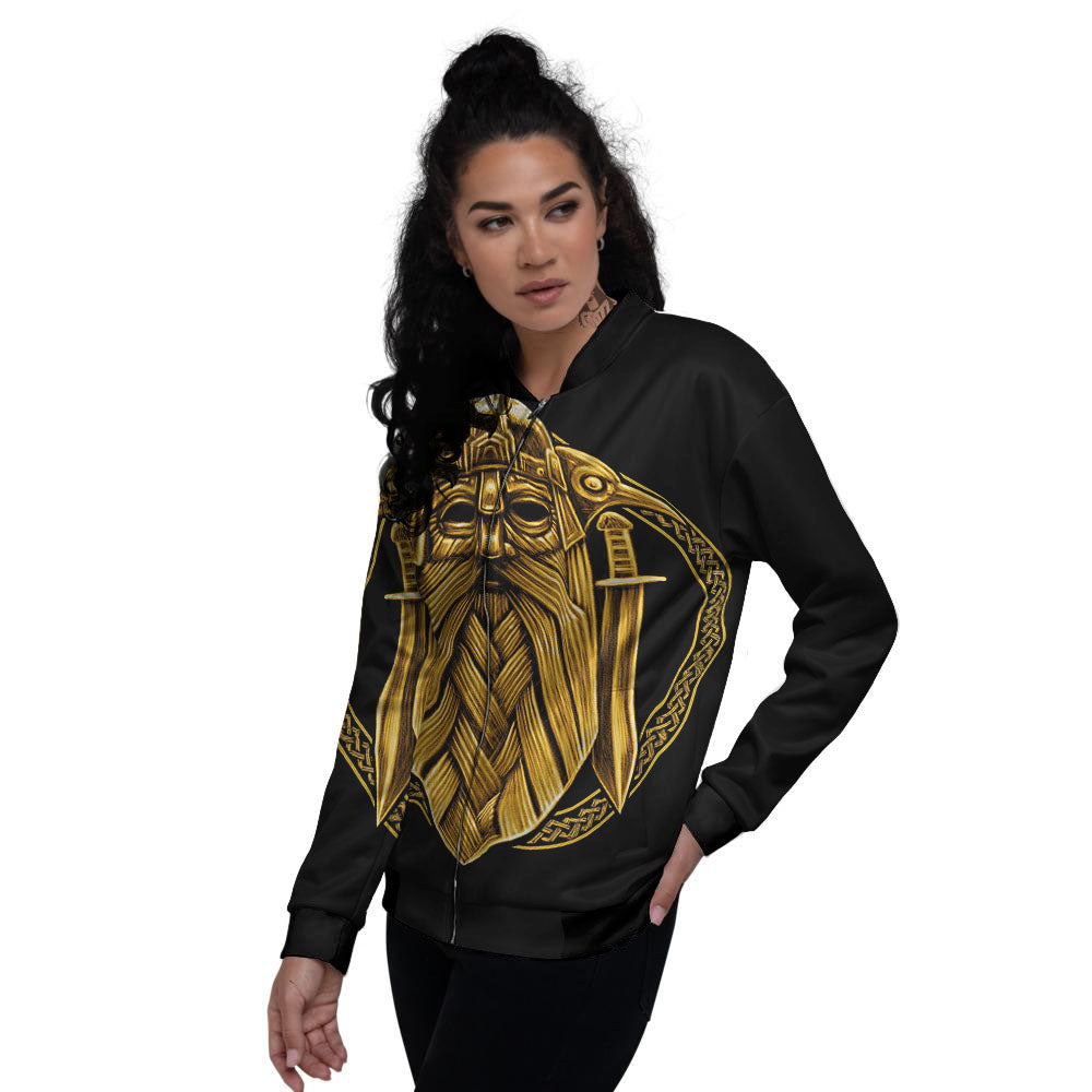 Norse God Odin Gold Viking Print Women's Bomber Jacket-grizzshop