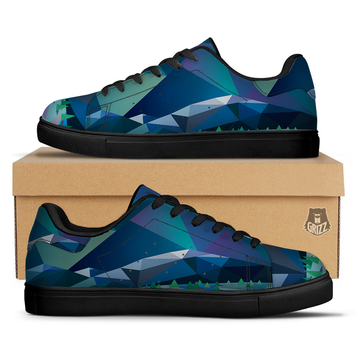Northern Lights Geometric Polygonal Print Black Low Top Sneakers-grizzshop