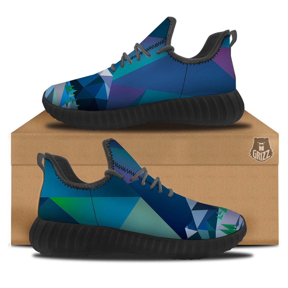 Northern Lights Geometric Polygonal Print Black Walking Shoes-grizzshop