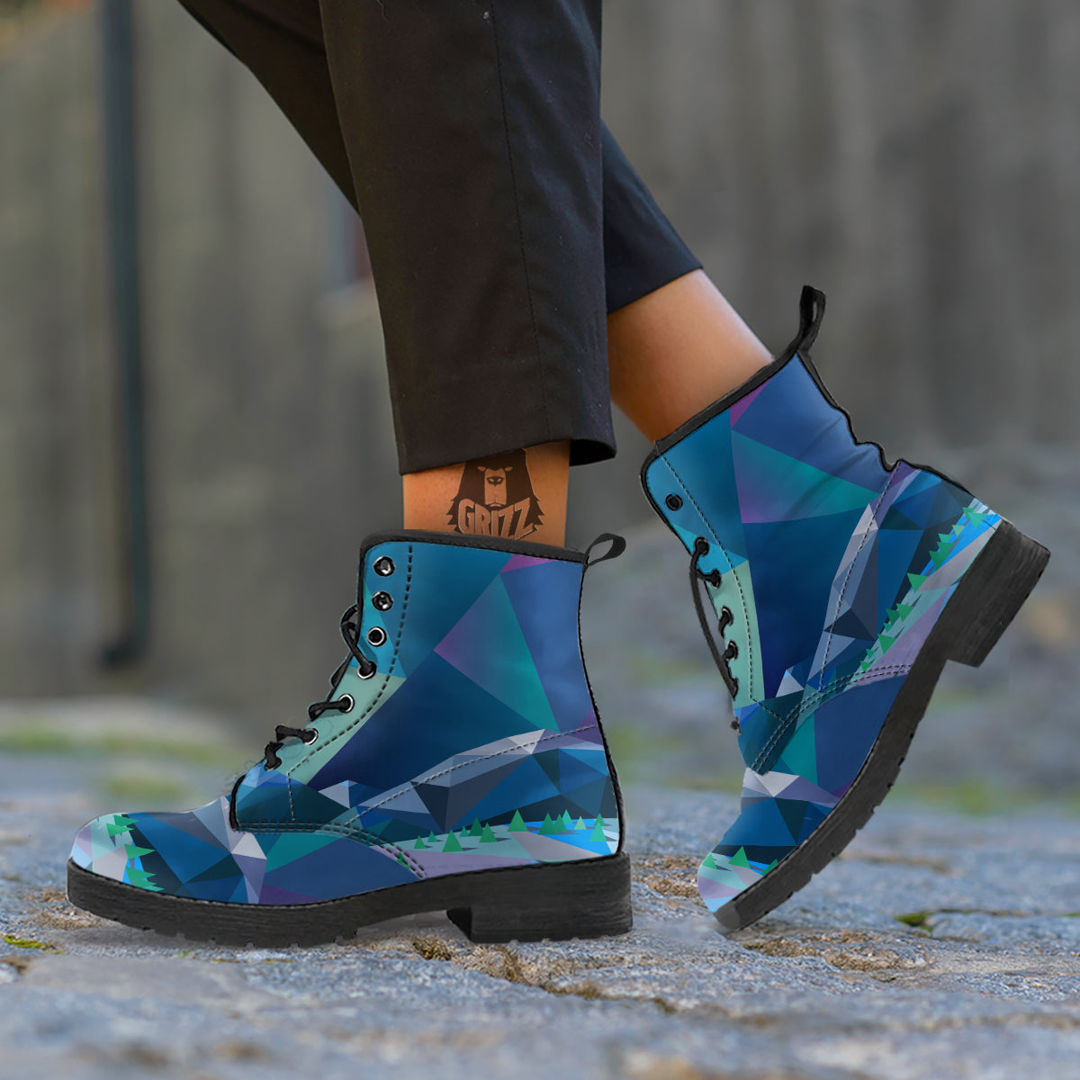 Northern Lights Geometric Polygonal Print Leather Boots-grizzshop