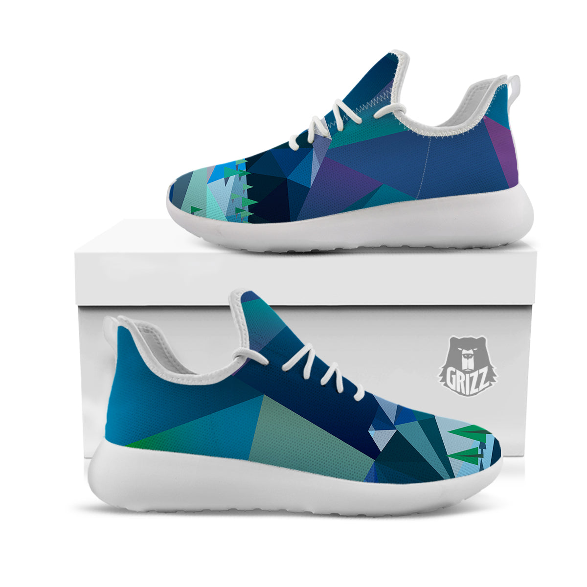 Northern Lights Geometric Polygonal Print White Athletic Shoes-grizzshop