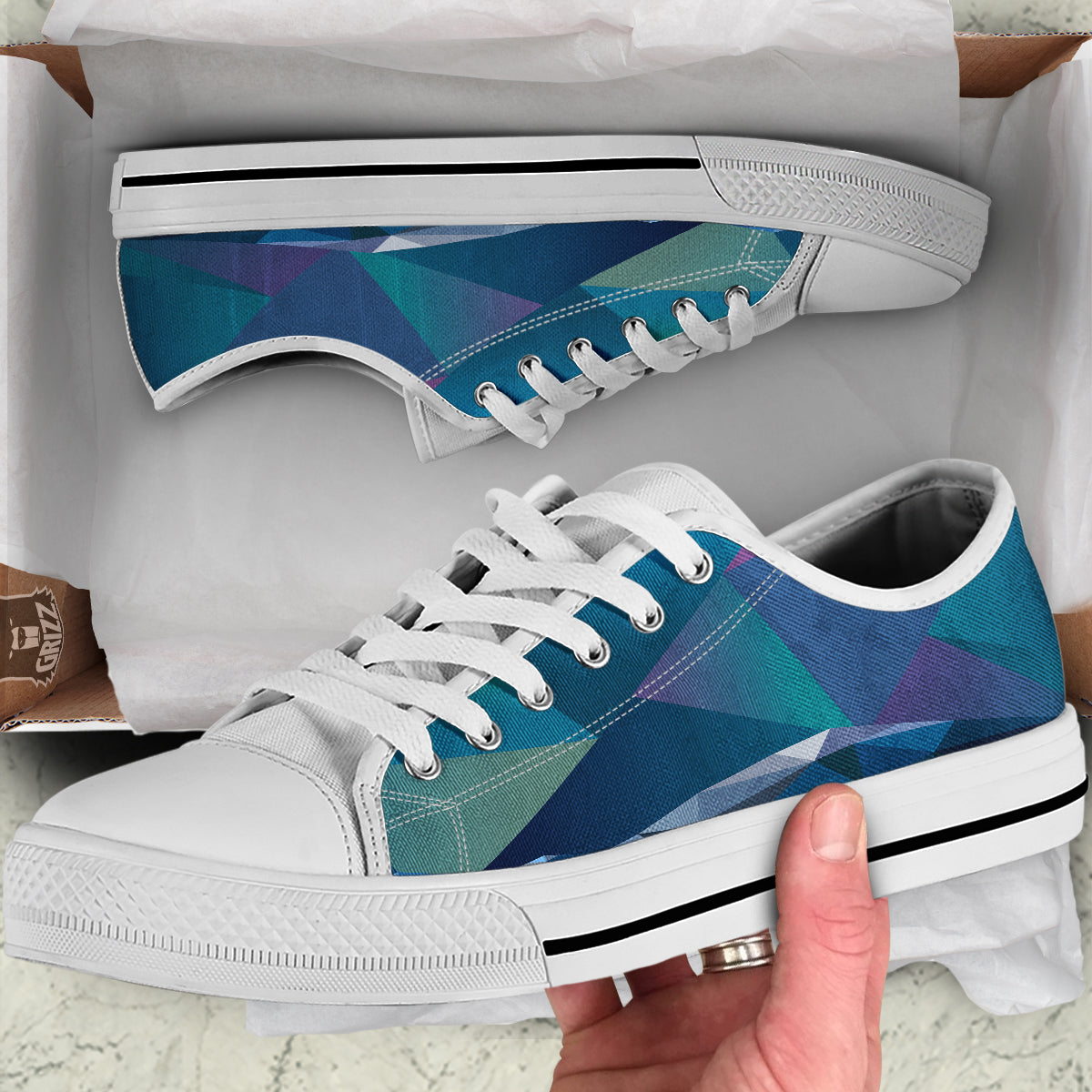 Northern Lights Geometric Polygonal Print White Low Top Shoes-grizzshop