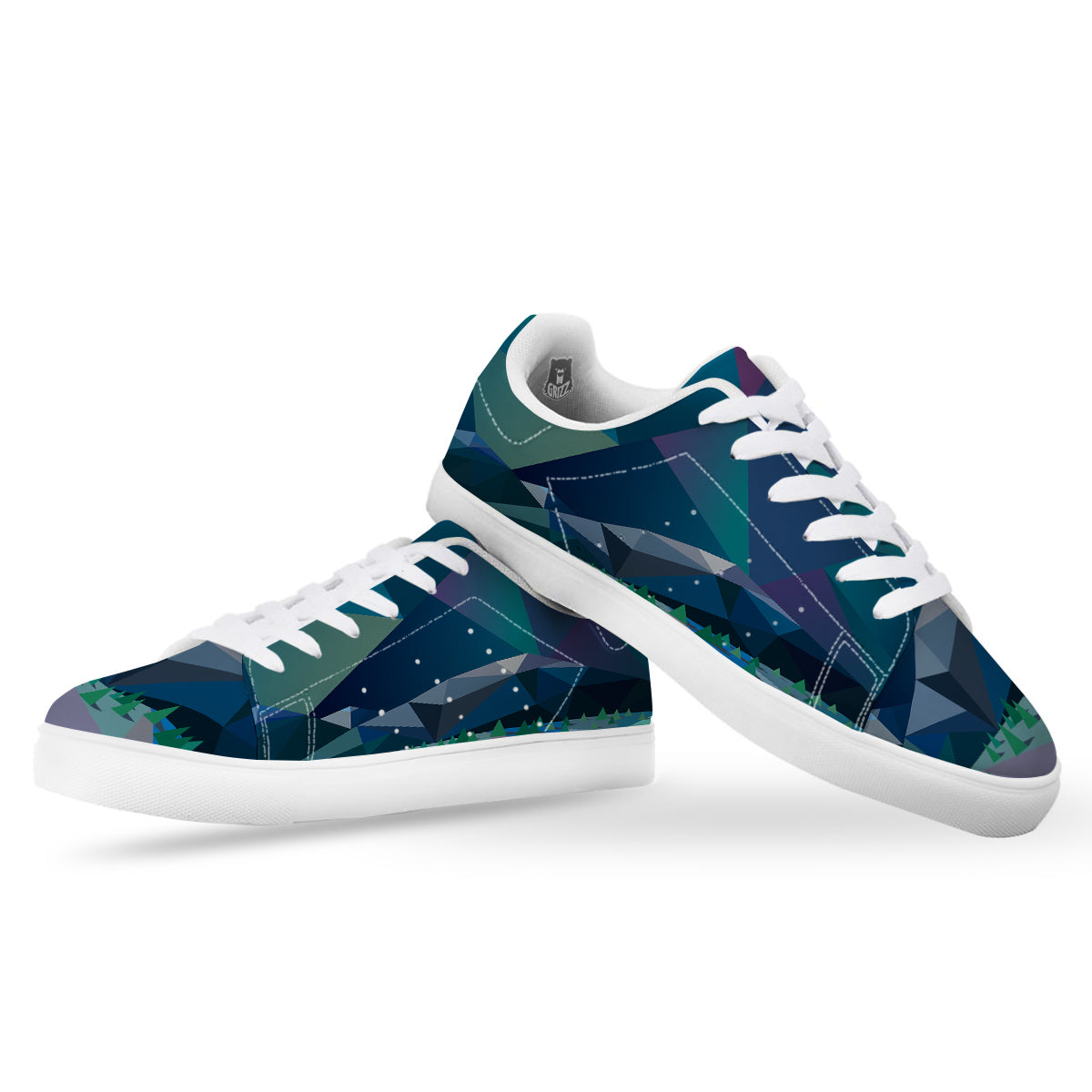 Northern Lights Geometric Polygonal Print White Low Top Sneakers-grizzshop