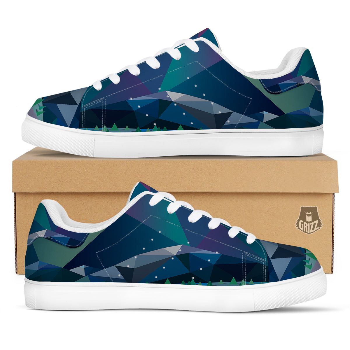 Northern Lights Geometric Polygonal Print White Low Top Sneakers-grizzshop