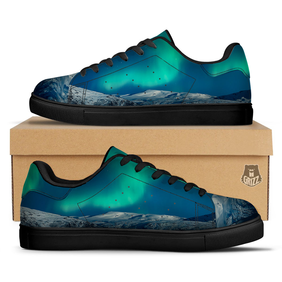 Northern Lights Print Black Low Top Sneakers-grizzshop