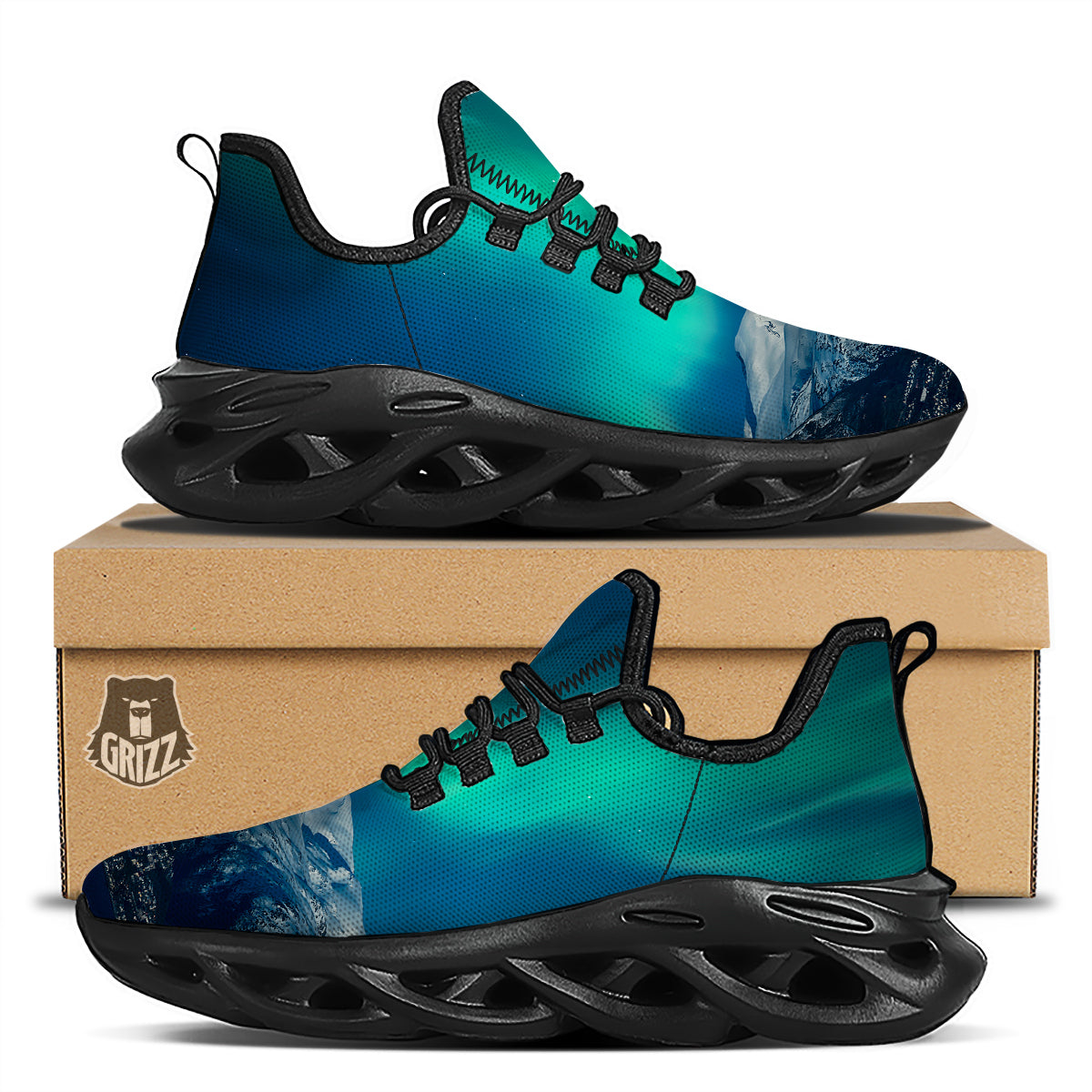 Northern Lights Print Black Running Shoes-grizzshop