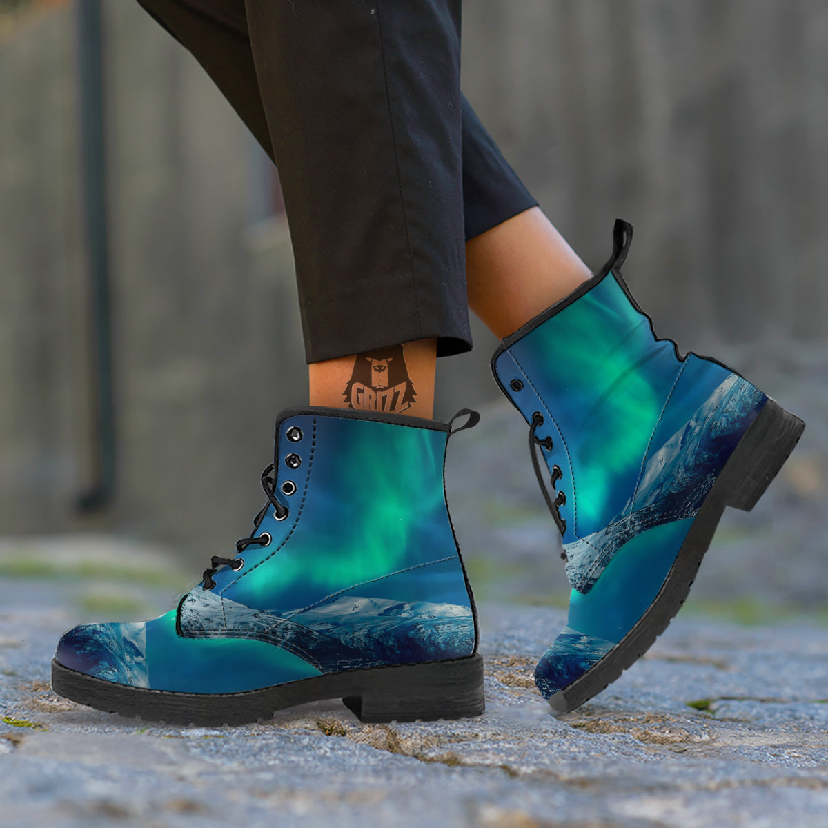 Northern Lights Print Leather Boots-grizzshop