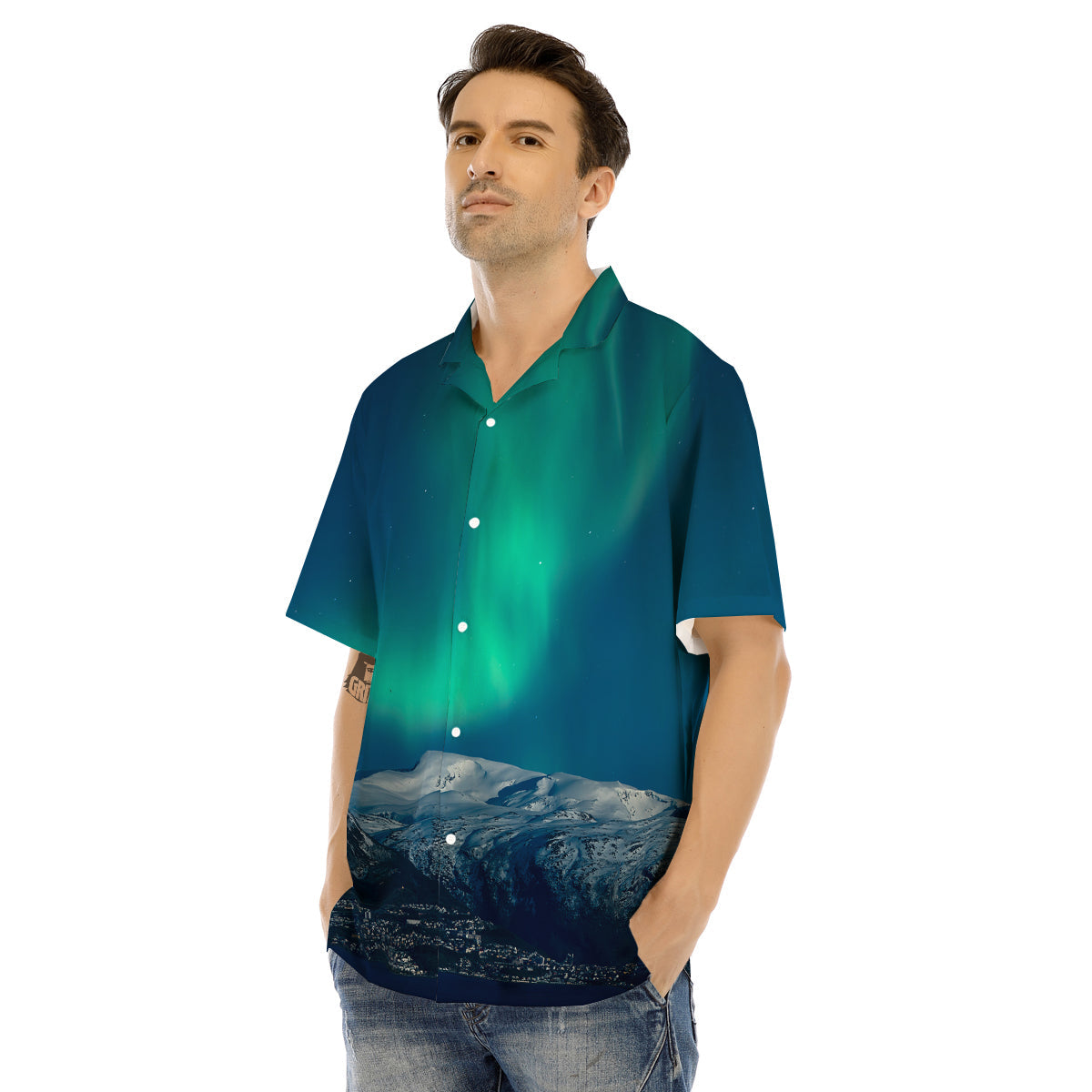 Northern Lights Print Men's Hawaiian Shirt-grizzshop