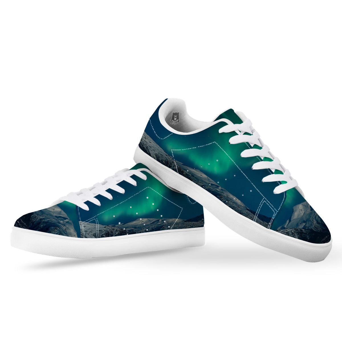 Northern Lights Print White Low Top Sneakers-grizzshop