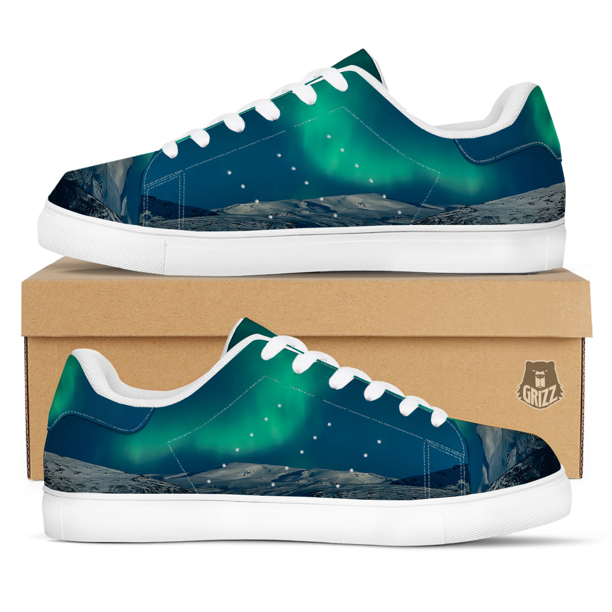 Northern Lights Print White Low Top Sneakers-grizzshop