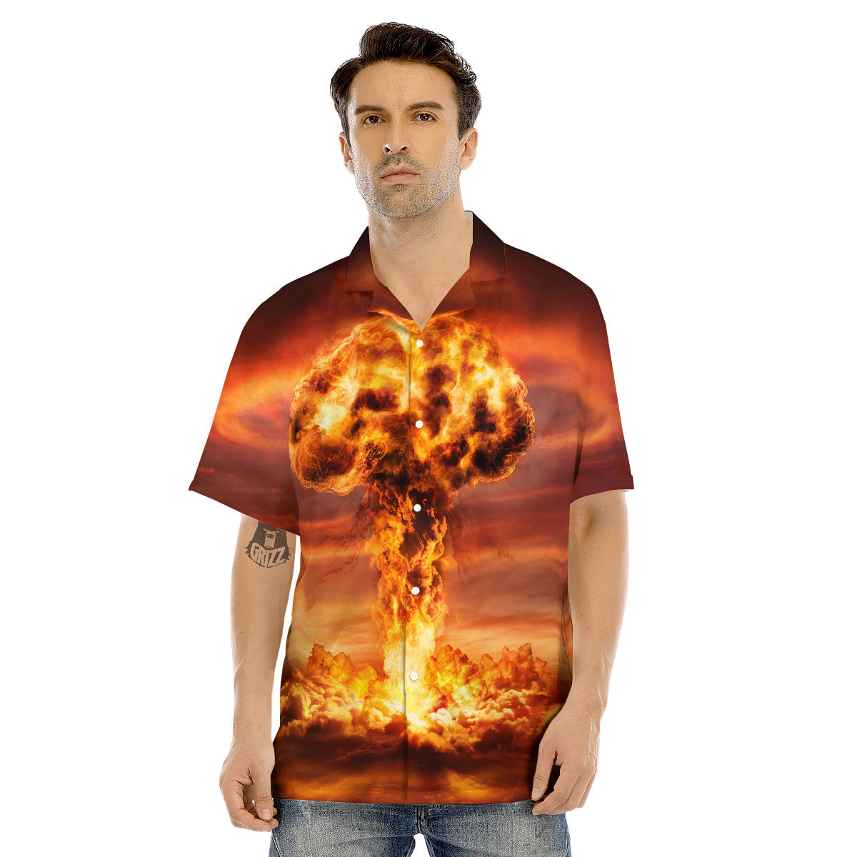 Nuclear Bomb Explosion Print Men's Hawaiian Shirt-grizzshop