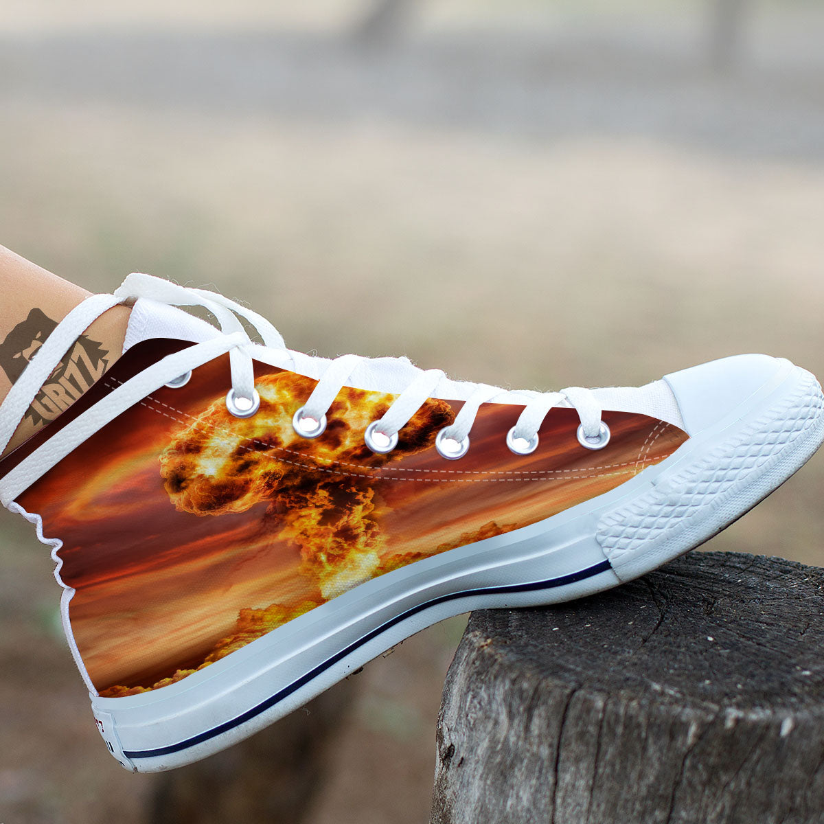 Nuclear Bomb Explosion Print White High Top Shoes-grizzshop