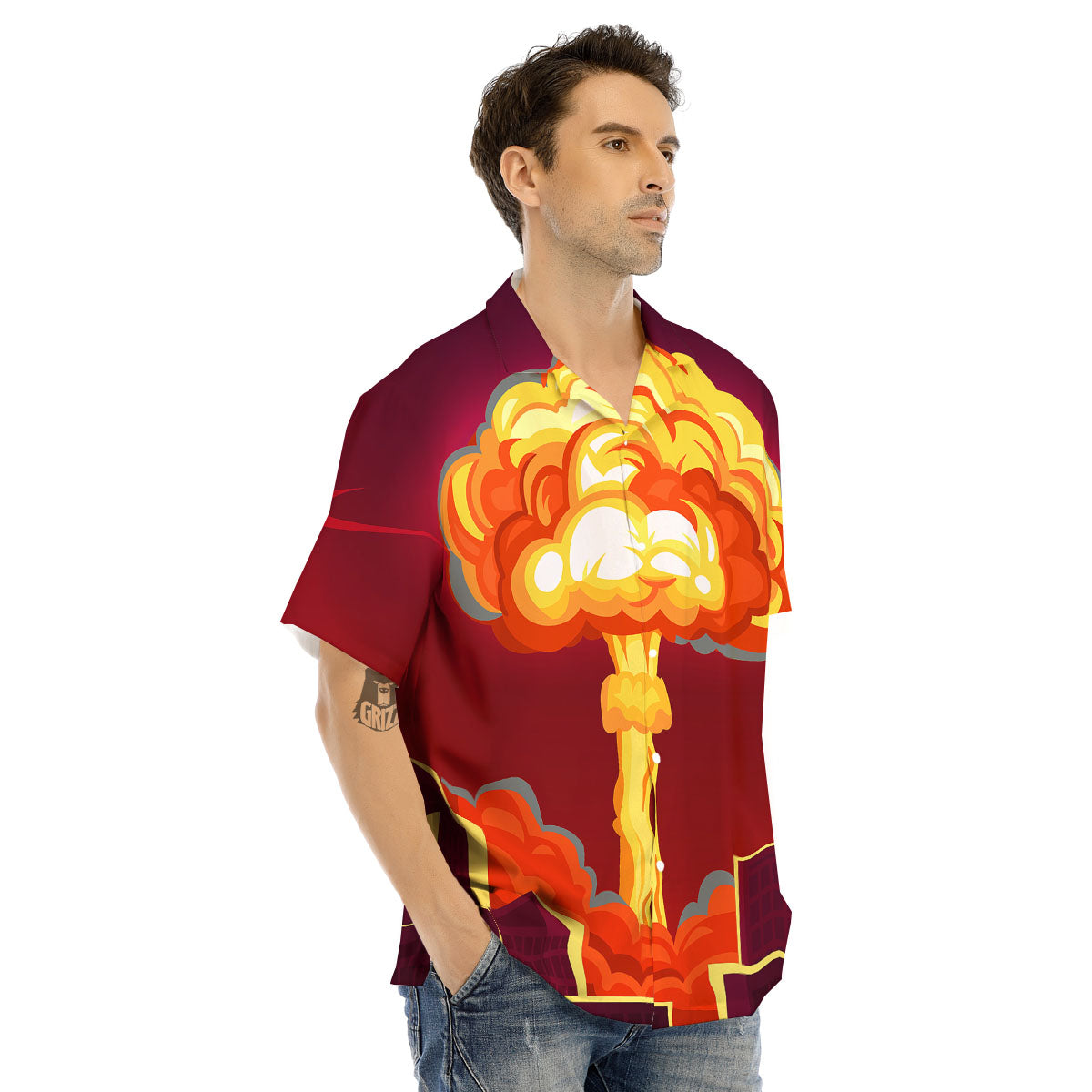 Nuclear Explosion In City Print Men's Hawaiian Shirt-grizzshop