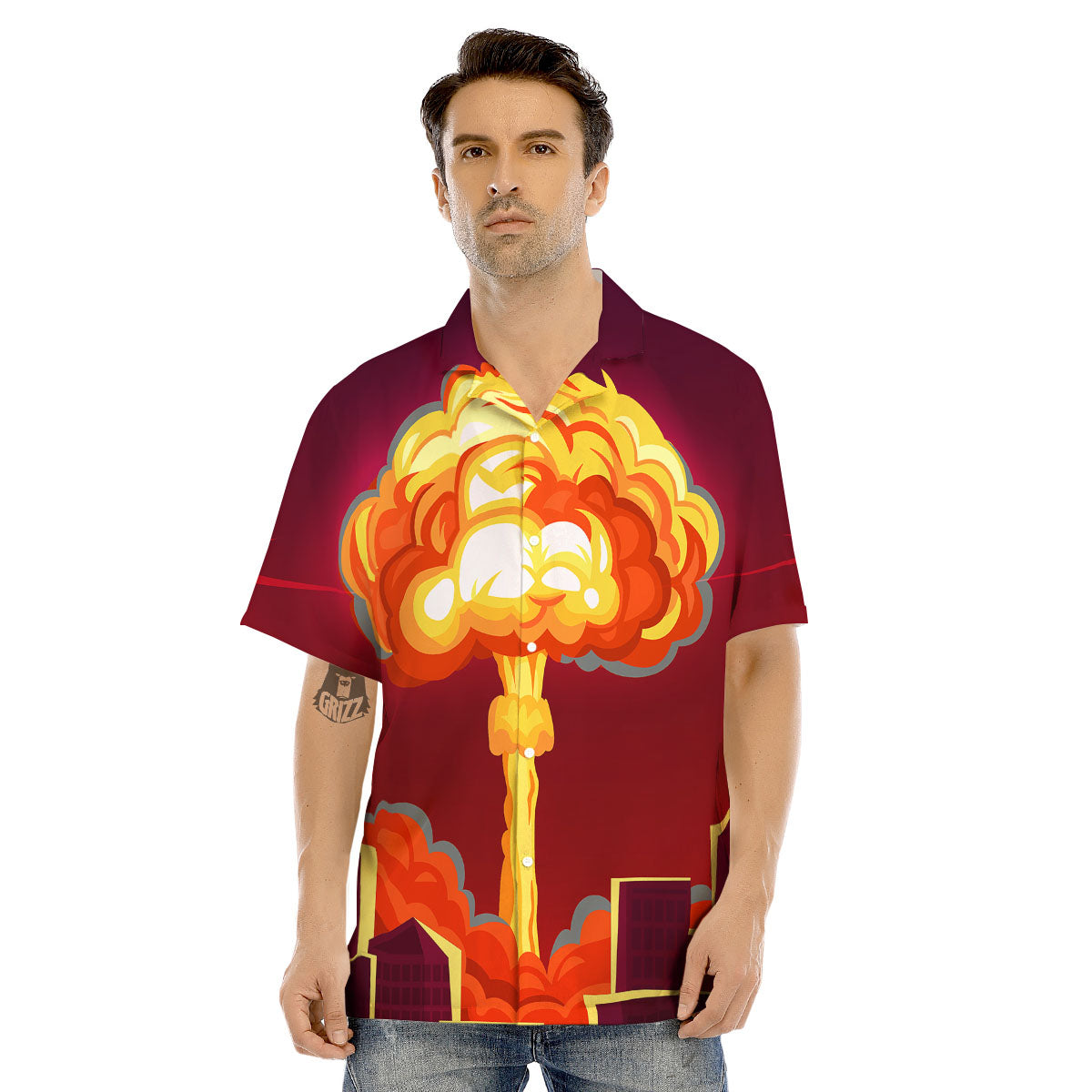 Nuclear Explosion In City Print Men's Hawaiian Shirt-grizzshop