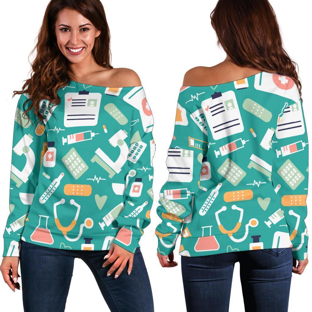 Nurse Pattern Print Women Off Shoulder Sweatshirt-grizzshop