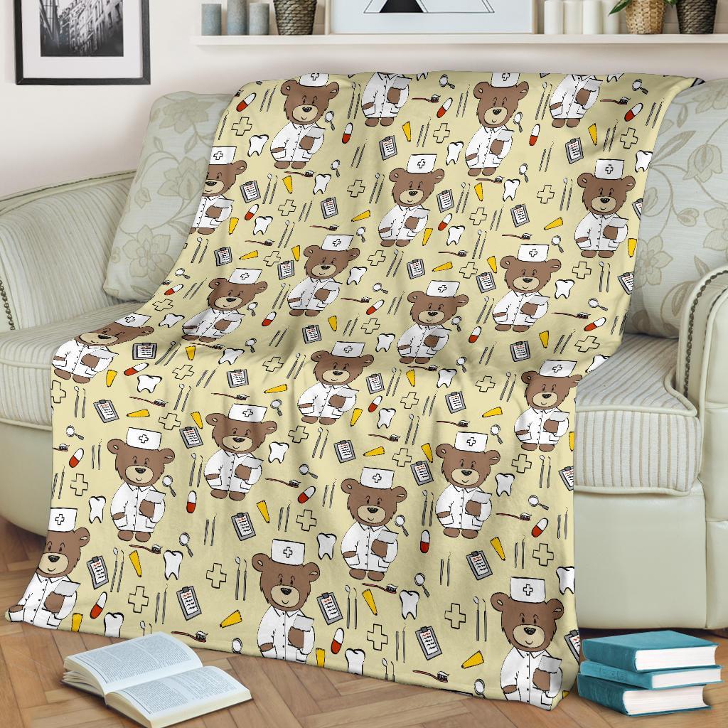 Nurse Teddy Bear Pattern Print Blanket-grizzshop