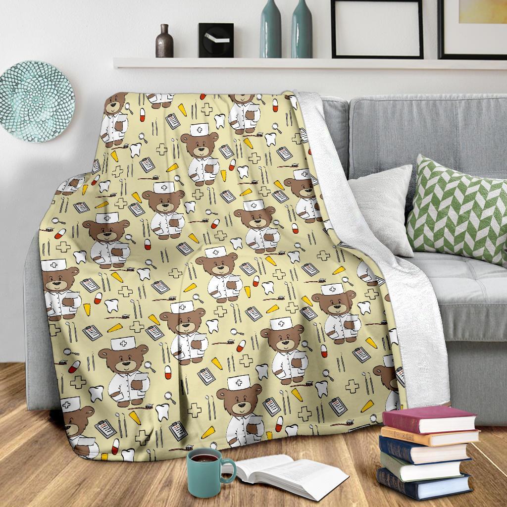 Nurse Teddy Bear Pattern Print Blanket-grizzshop