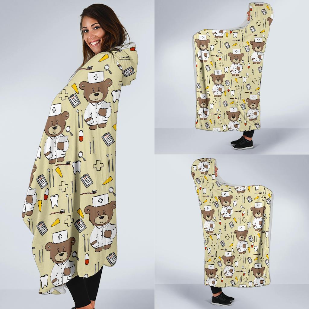 Nurse Teddy Bear Pattern Print Hooded Blanket-grizzshop