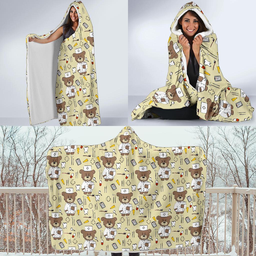 Nurse Teddy Bear Pattern Print Hooded Blanket-grizzshop