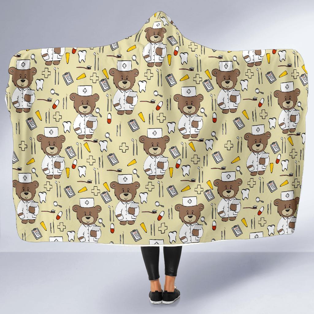 Nurse Teddy Bear Pattern Print Hooded Blanket-grizzshop