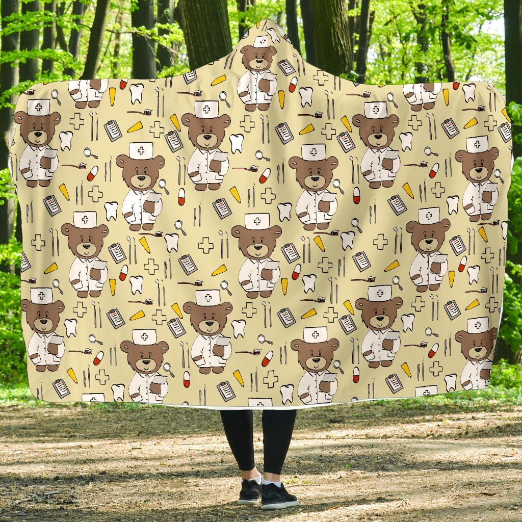 Nurse Teddy Bear Pattern Print Hooded Blanket-grizzshop