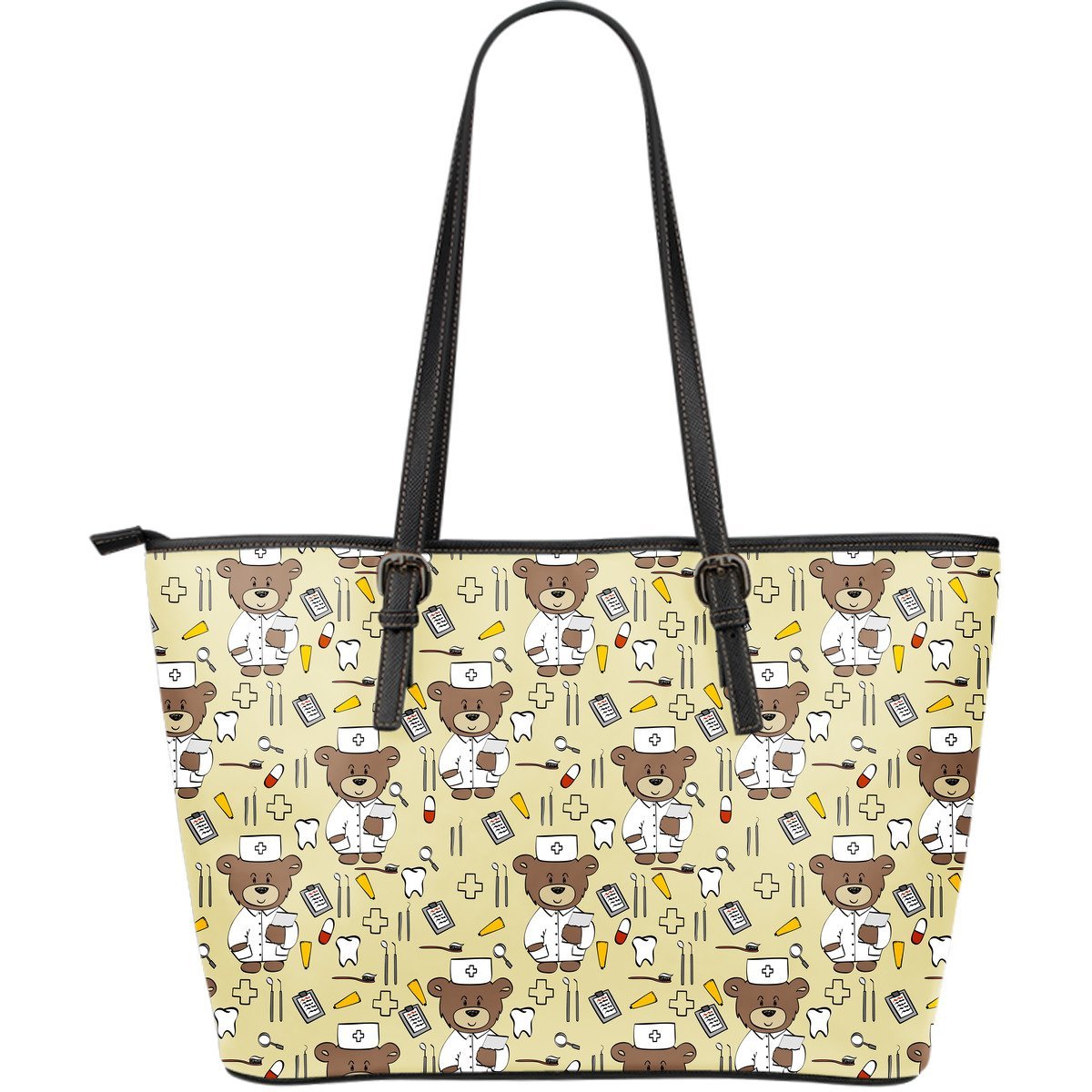 Nurse Teddy Bear Pattern Print Leather Tote Bag-grizzshop