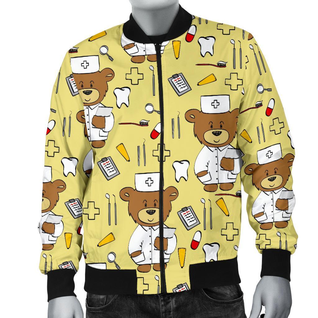 Nurse Teddy Bear Pattern Print Men's Bomber Jacket-grizzshop