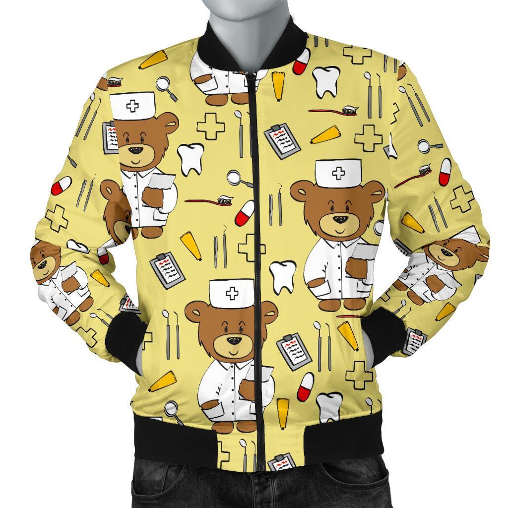 Nurse Teddy Bear Pattern Print Men's Bomber Jacket-grizzshop