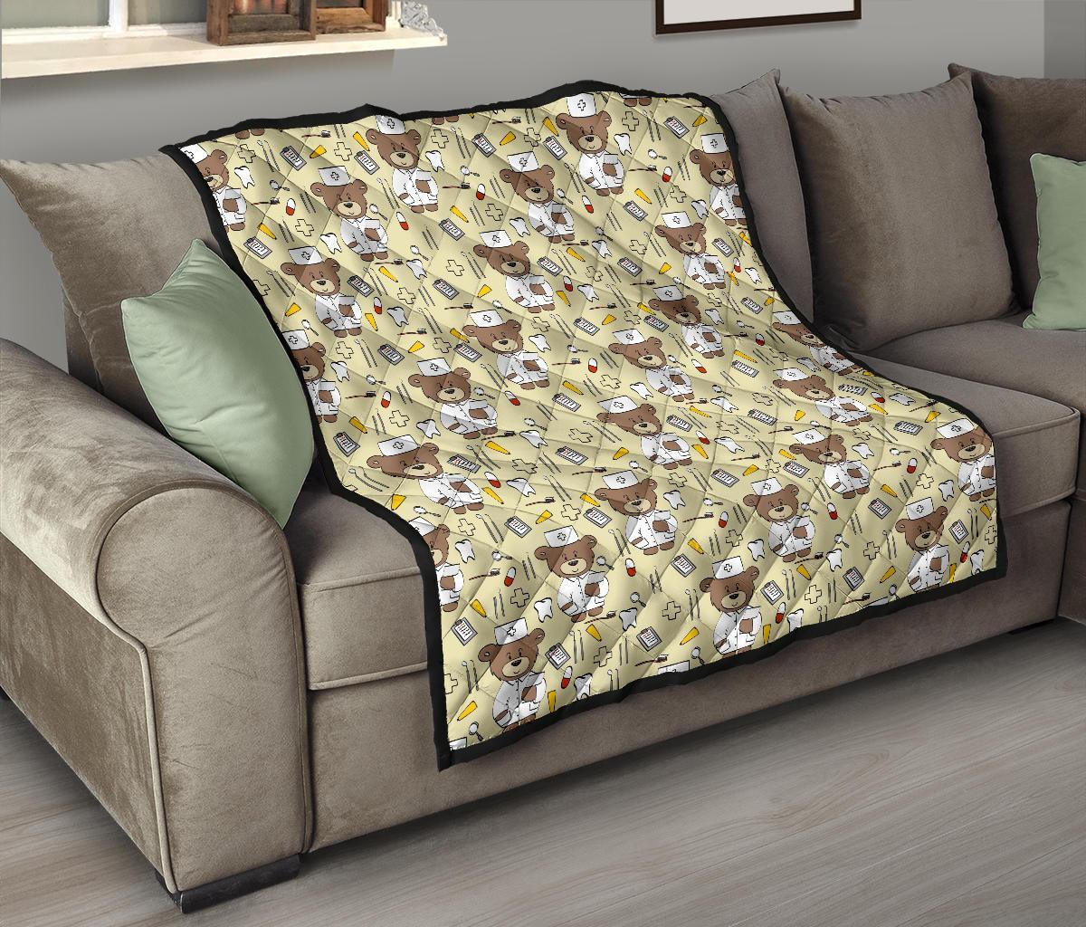 Nurse Teddy Bear Pattern Print Quilt-grizzshop