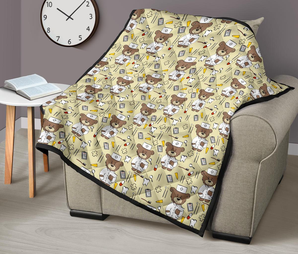 Nurse Teddy Bear Pattern Print Quilt-grizzshop