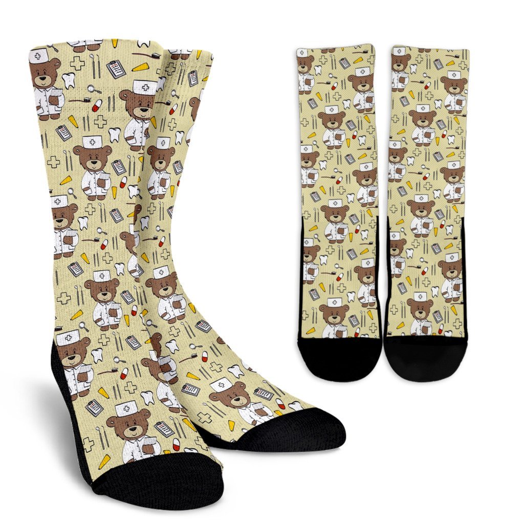 Nurse Teddy Bear Pattern Print Unisex Crew Socks-grizzshop